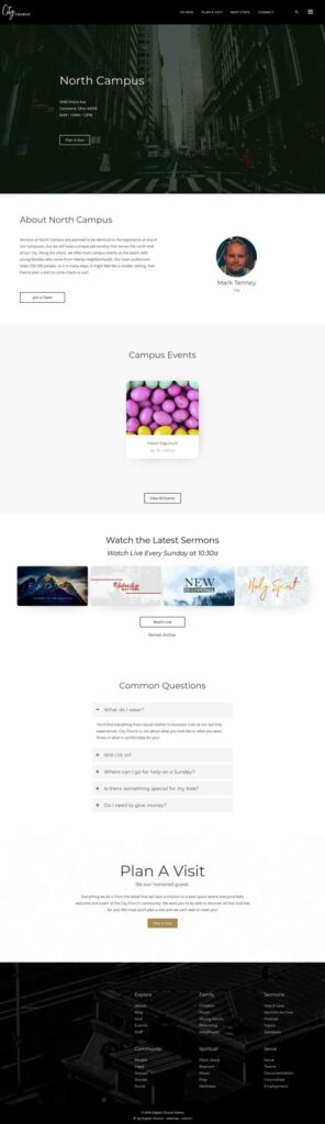 A digital church website with a black and white design.