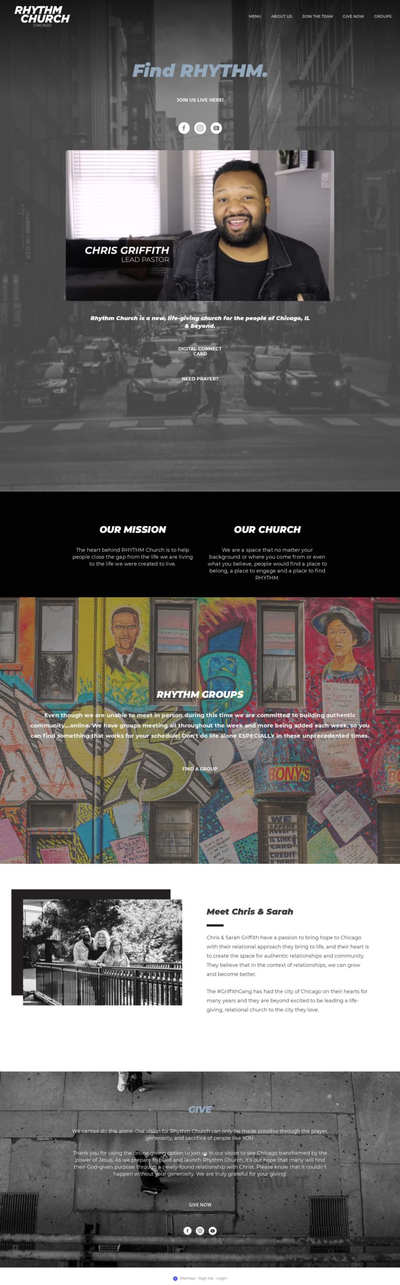 The homepage of a digital church website with a black and white background.