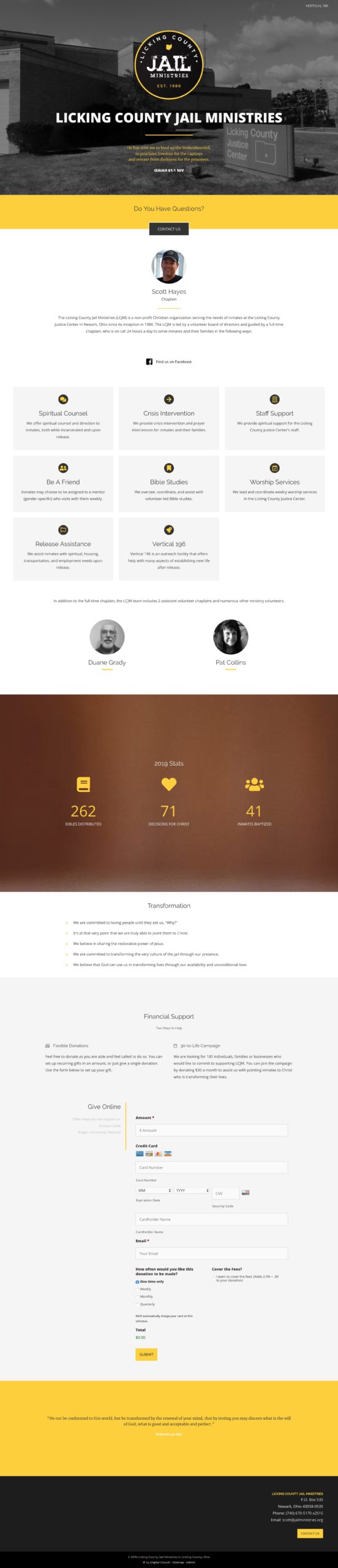 A digital church website with a yellow and black design.