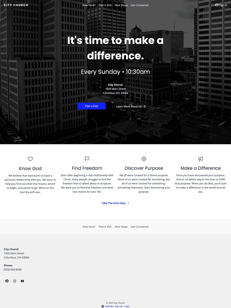 A church website with a blue and black background.