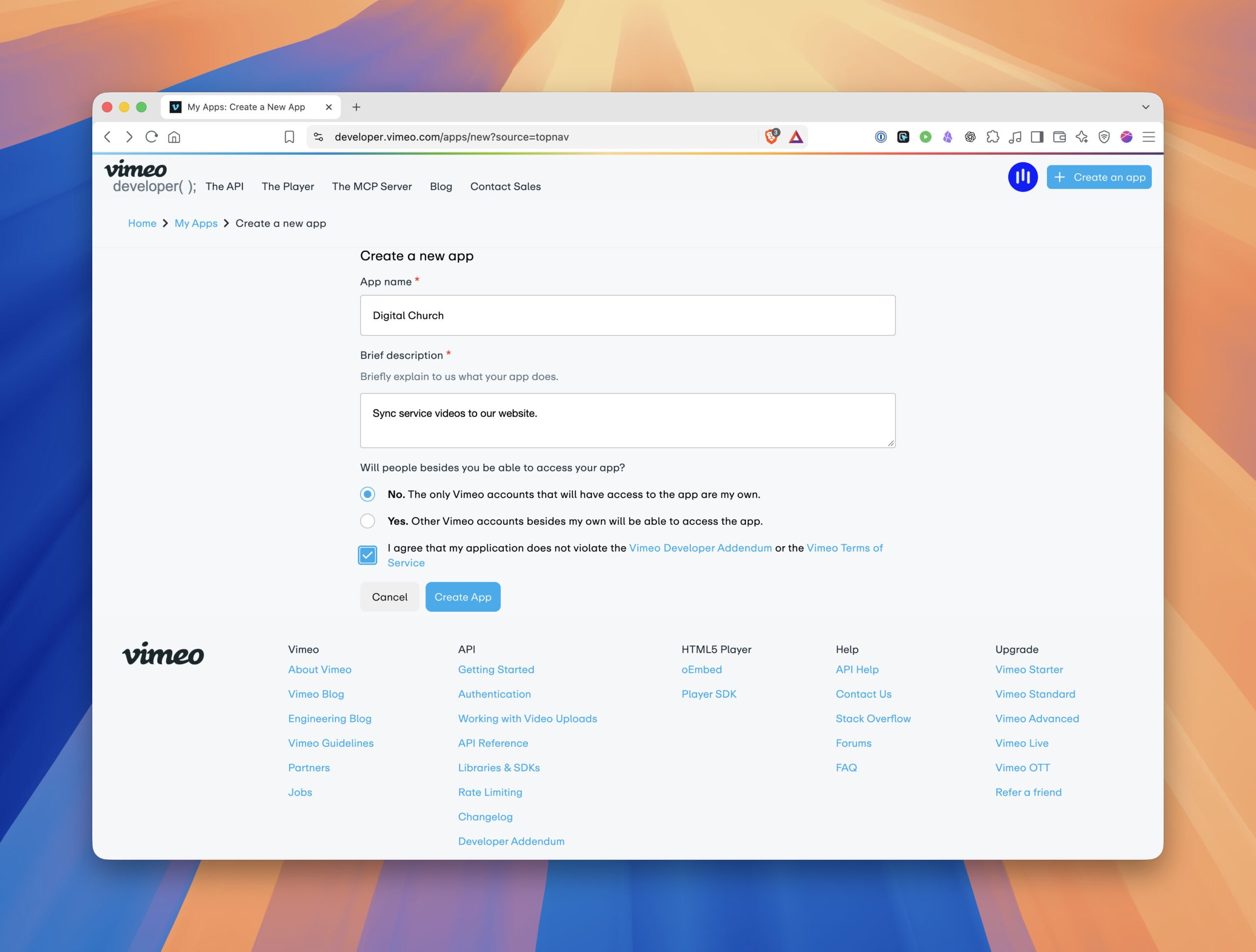 Vimeo's Create an app form with the app name "Digital Church," a short description, the "No" option selected for who will use the app, the terms checkbox, and the Create App button