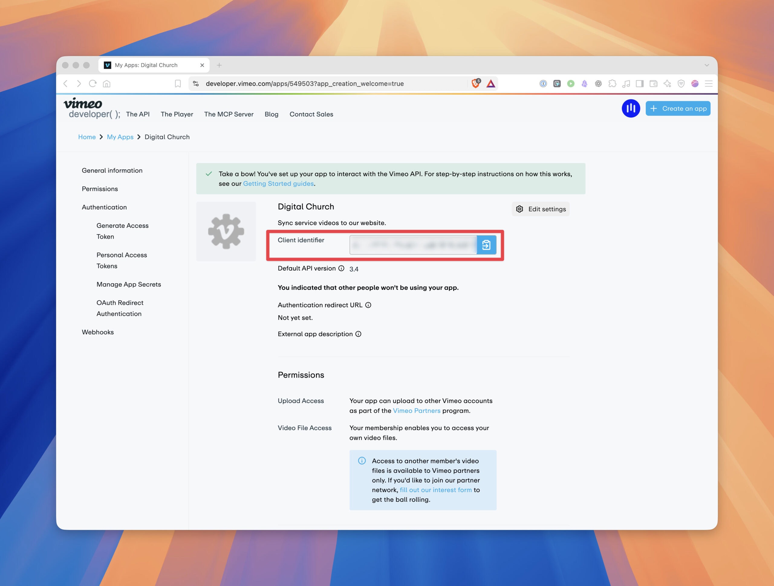 Vimeo app page showing the General information section with the Client identifier and a copy icon; the identifier is blurred