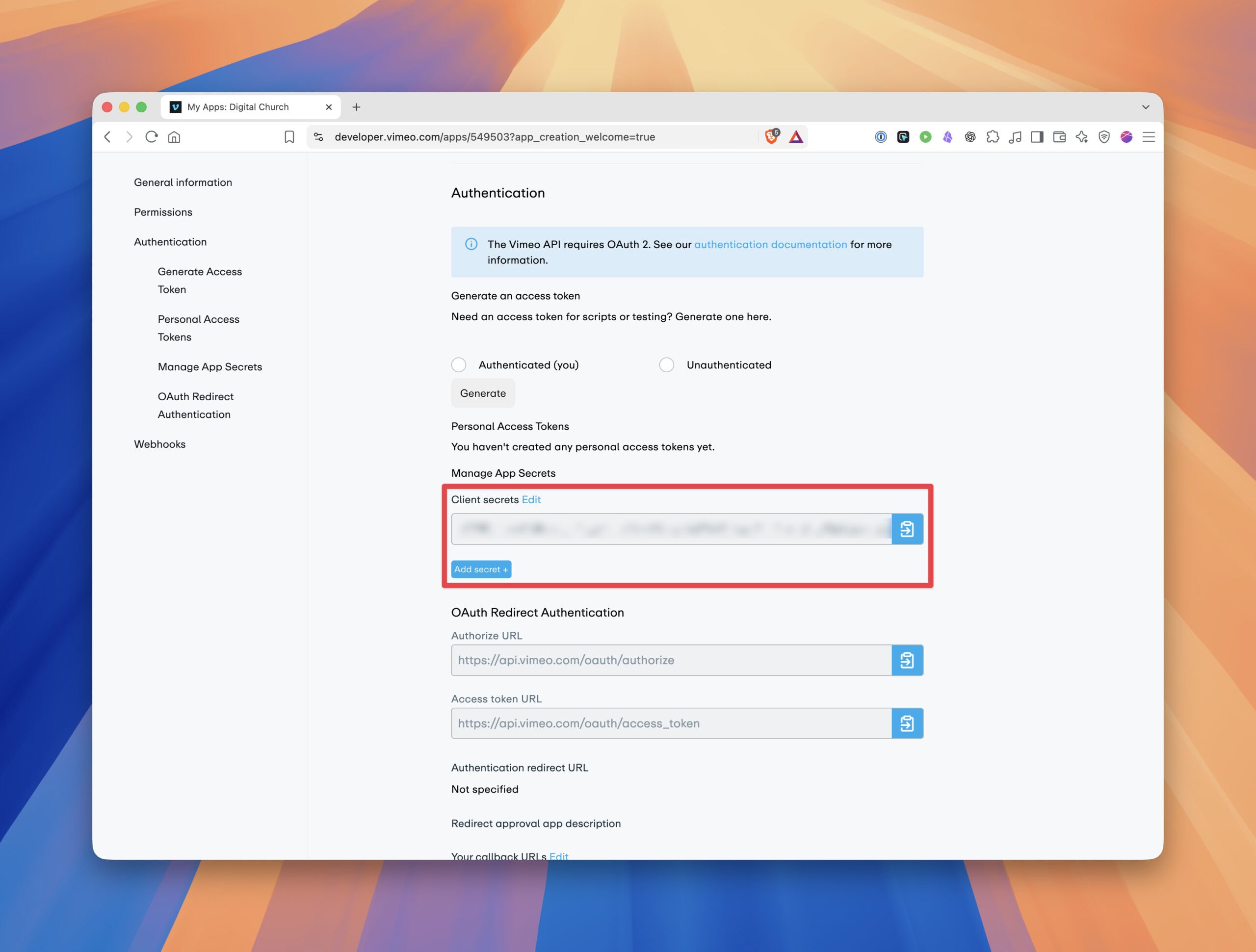 Vimeo's Manage App Secrets section showing a blurred value under Client secrets, a copy icon, and an Add secret button
