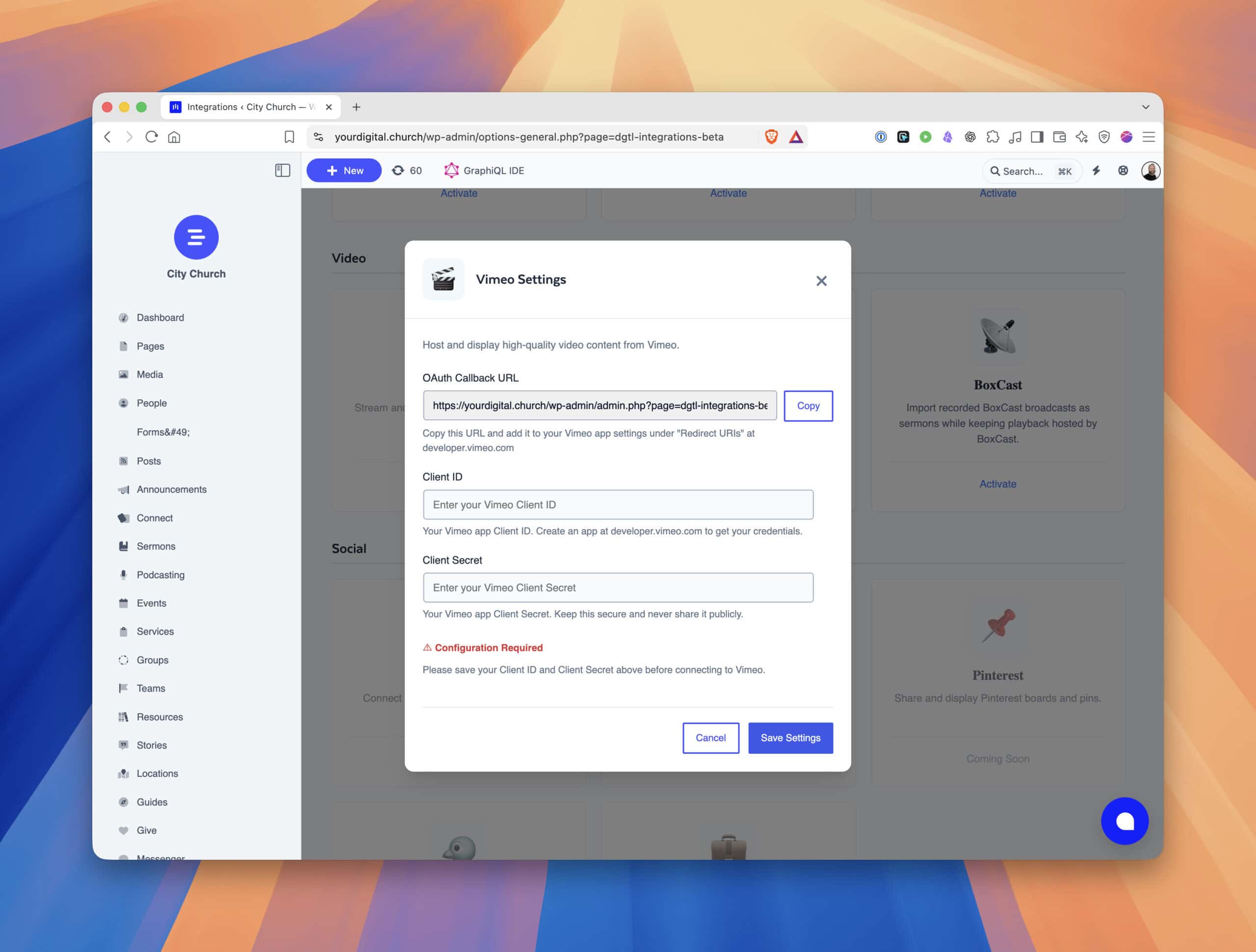Website Vimeo Settings window with an OAuth Callback URL field and Copy button, empty Client ID and Client Secret fields, and a Save Settings button