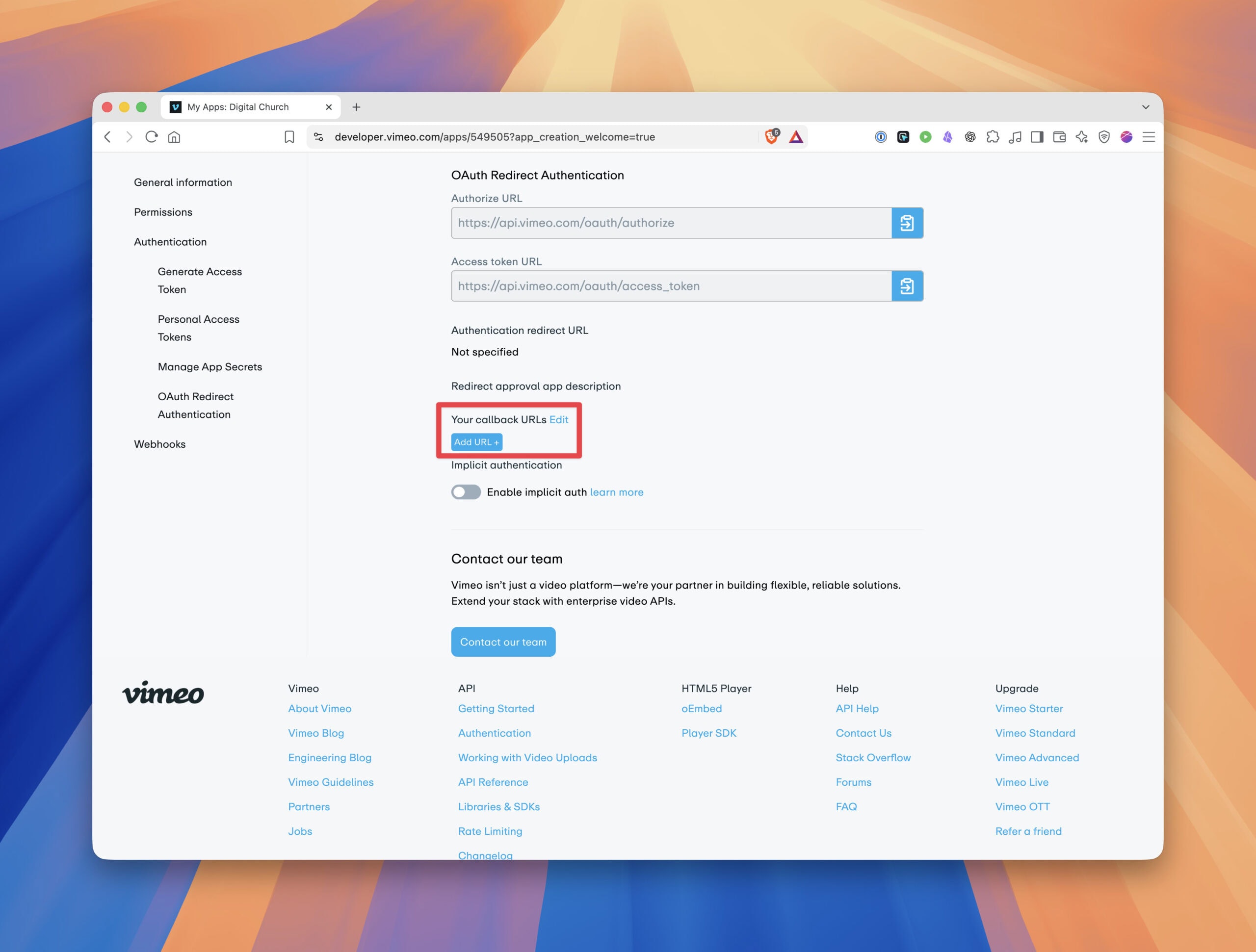 Vimeo's OAuth Redirect Authentication section showing the Your callback URLs list with Add URL and Edit buttons